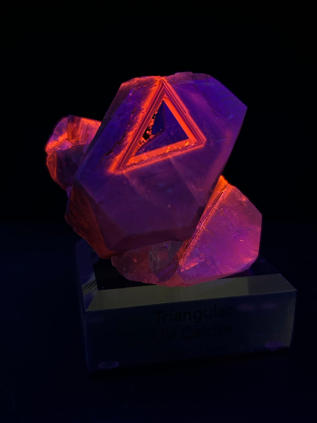 Triangular UV Calcite with stand 2 – Mineral Angel